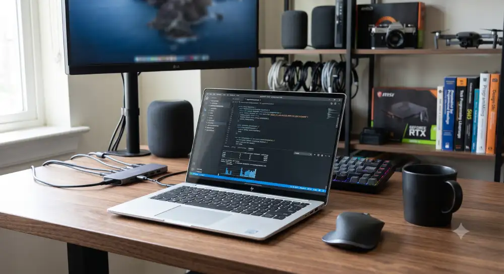 image with laptop and other stuff on the table.